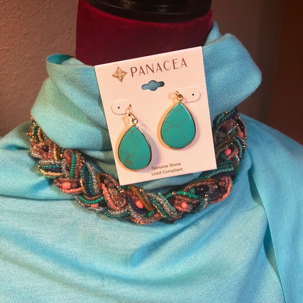Braided multicolored bead choker and earrings
